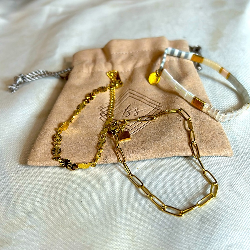 The Stack Society Set of 3 Bracelets. Tile Elasticized, 2 Gold Chains. NWT